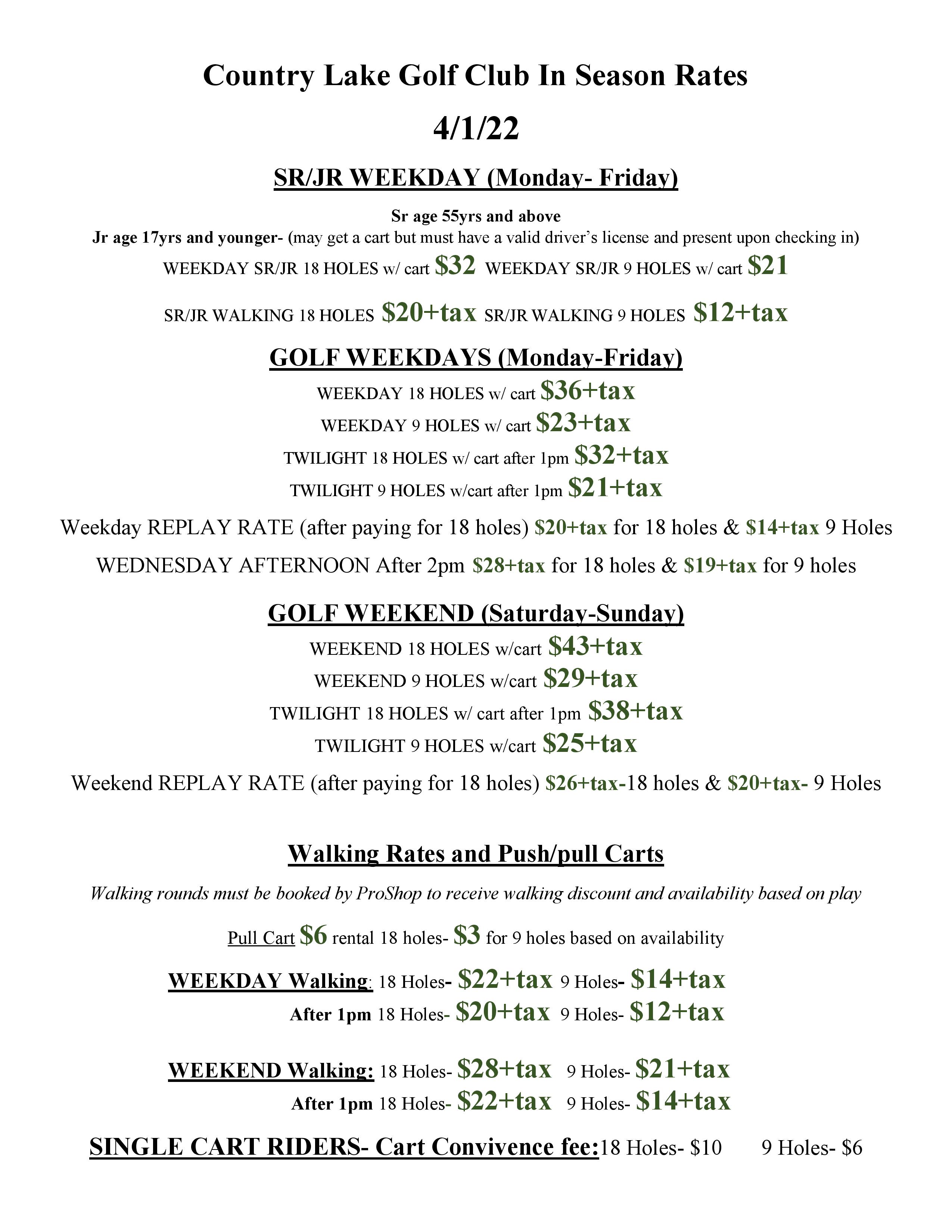 Rates Country Lake Golf Club